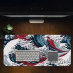 Infidu Artistic Desk Mat with Japanese Ocean vector art in blue and red waves on a white background. Desk Pad in computer table