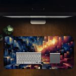 Desk pad with an abstract, colorful design featuring deep blues, warm oranges, and purple tones in geometric, pixelated patterns. Desk Pad in computer table