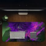 Desk pad featuring an anime boy with vibrant neon purple hair, smoky effects, and a mysterious green background. Desk Pad in computer table