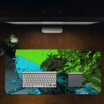 Desk pad featuring a vibrant nature scene with a blue river flowing through lush, green vegetation. Desk Pad in computer table