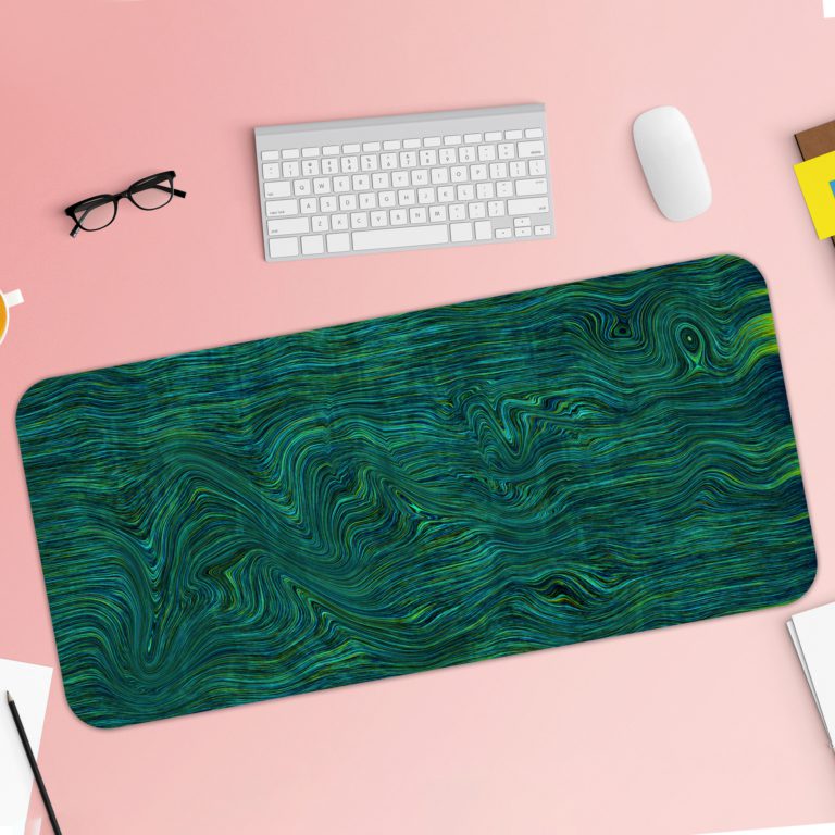 Blue-green swirled abstract design with fluid, wavy lines resembling water or marble. Desk Pad with Keyboard and Mouse