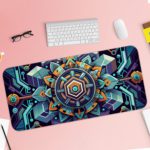 Infidu desk pad with vibrant geometric patterns in blue, turquoise, orange, and teal, featuring a futuristic design with intricate details. Desk Pad with Keyboard and Mouse