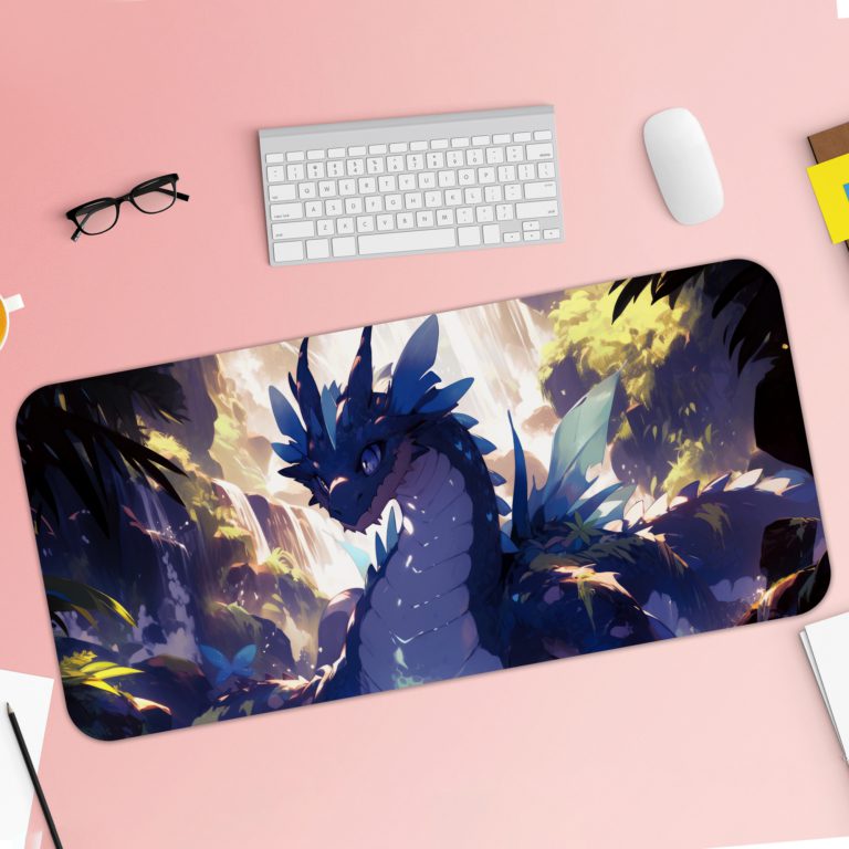 Our talented digital artists designed a desk pad with a colorful forest scene featuring an anime dragon-like creature. Desk Pad with Keyboard and Mouse