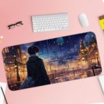 Anime character in a coat and hat overlooking a nighttime cityscape with twinkling lights and a full moon on the Infidu Artistic Desk Mat. Desk Pad with Keyboard and Mouse