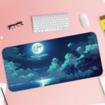 Serene nighttime scene with a full moon reflected in calm waters and tree silhouettes on the Infidu Nature Inspired Desk Mat. Desk Pad with Keyboard and Mouse