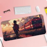 A Boy standing by train tracks with a red train and sunset in the background on the Infidu Artistic Desk Pad. Desk Pad with Keyboard and Mouse