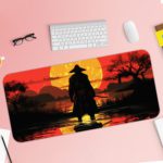 Ninja samurai standing in water with a warm sunset backdrop on the Infidu Creative Workspace Desk Pad. Desk Pad with Keyboard and Mouse