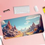 Fantastical landscape with towering, colorful rock formations in vibrant blues, purples, and oranges. Desk Pad with Keyboard and Mouse