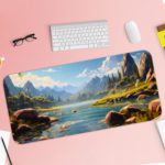 Serene Mountain Lake is surrounded by rocky peaks and lush vegetation in cool blues, warm greens, and browns. Desk Pad with Keyboard and Mouse