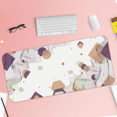 Infidu Desk Pad with abstract geometric shapes in white, beige, and light purple on a white background. Desk Pad with Keyboard and Mouse