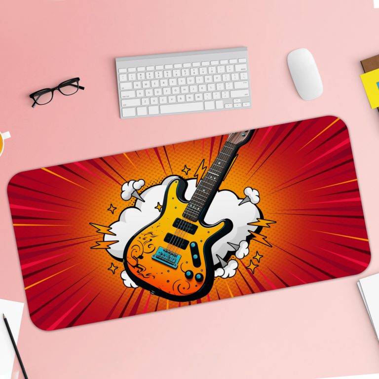 Infidu Electro Spectrum with Guitar Desk Pad featuring a bold red and white background with dramatic contrasts. Desk Pad with Keyboard and Mouse