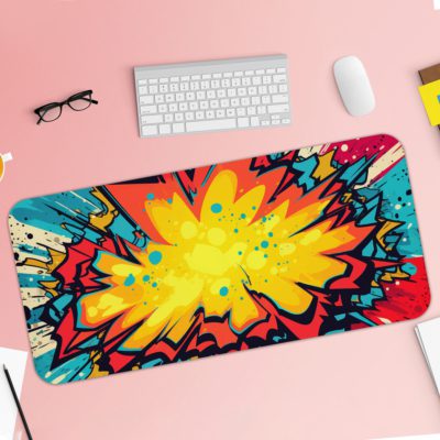 Infidu Color Wave Boom Animated Desk Pad with a bright sun, bold red, blue, and yellow colors, and a comic-style rocky landscape. Desk Pad with Keyboard and Mouse