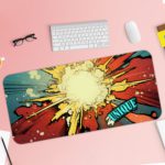 Infidu Color Wave Boom Animated Desk Pad with bright sun and bold colors in red, blue, and yellow Desk Pad with Keyboard and Mouse