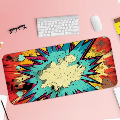 Infidu Color Wave Boom Desk Pad with a bright sun and colorful rocky background in red, blue, yellow, and white. Desk Pad with Keyboard and Mouse