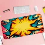 Infidu Color Wave Boom Animated Desk Pad with a bright sun, bold colors, and a dramatic comic-style design. Desk Pad with Keyboard and Mouse