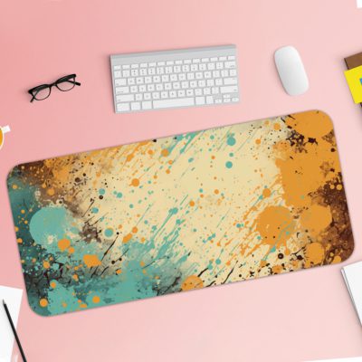 Infidu Color Splash Animated Desk Pad featuring a bubble-like pattern with blue and yellow colors on an abstract, marbled background. Desk Pad with Keyboard and Mouse