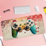 Gaming desk pad featuring a uniquely painted, colorful controller in bright green, sunny yellow, and cool blue, with an energetic background of paint splashes in reds, pinks, and oranges Desk Pad with Keyboard and Mouse pink background