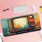 Infidu Tech Fusion With Television Desk Pad featuring vibrant colors against a blue and sandal background with an old TV. Desk Pad with Keyboard and Mouse