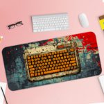 Infidu Tech Fusion with Keyboard Desk Pad featuring a vibrant, colorful background with gray, red, and sandal colors and a splash effect. Desk Pad with Keyboard and Mouse