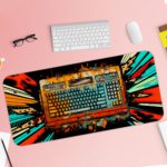 Infidu Tech Fusion with Keyboard Desk Pad featuring a vibrant, colorful background with a splash effect radiating from the keyboard. Desk Pad with Keyboard and Mouse