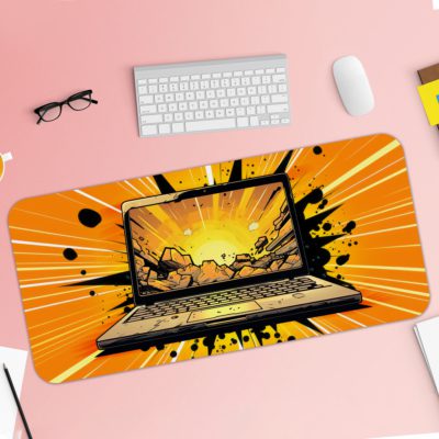 Infidu Tech Fusion with Laptop Desk Pad featuring a comic-book-style laptop design with a bright black and yellow background. Desk Pad with Keyboard and Mouse