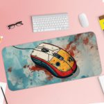 Infidu Tech Fusion with Mouse Desk Pad featuring a white mouse with orange and black details, splattered blue, white, and red background. Desk Pad kept on a plain white background