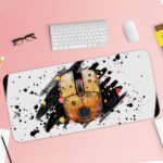 Infidu Artistic Splatter Desk Pad with a white background, black splatters, and a colorful computer mouse in the center. Desk Pad with Keyboard and Mouse