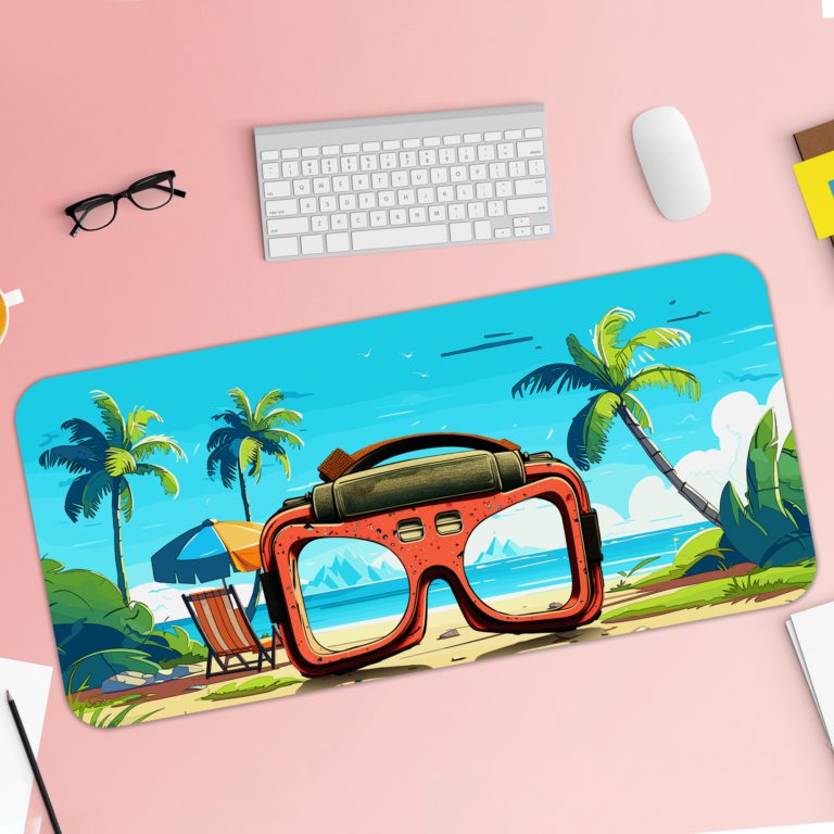 Tropical beach scene with red goggles, palm trees, and a clear blue sky on Infidu Tech Fusion with Sunglass Desk Pad with Keyboard and Mouse