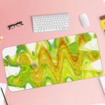 Infidu Artistic Desk Mat featuring a wave abstract design in lime green and yellow, with white accents. Ideal for adding a creative touch to any desk. Desk Pad with Keyboard and Mouse