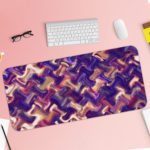 Infidu Artistic Patterns Desk Pad with a purple and pink wavy pattern, accented with white and dark red zigzag lines. Desk Pad with Keyboard and Mouse