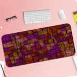 Infidu Artistic Patterns Desk Mat with a dark red and maroon background and a mosaic grid pattern in shades of orange, brown, and yellow. Desk Pad with Keyboard and Mouse