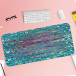 Infidu Artistic Patterns Desk Mat with a blue and teal wavy pattern that resembles water reflections. Desk Pad with Keyboard and Mouse