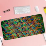 Infidu Artistic Patterns Desk Pad with a multi-colored abstract design featuring zigzagging lines and pixelated shapes. Desk Pad with Keyboard and Mouse