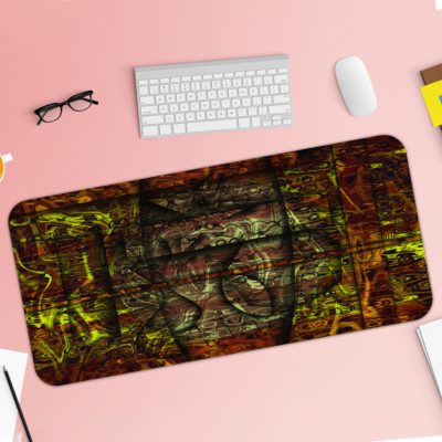 Infidu Artistic Patterns Desk Pad with earthy abstract designs in brown, green, orange, and yellow. Desk Pad with Keyboard and Mouse