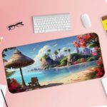 Infidu Nature Inspired Desk Pad with a calm blue sea, beach umbrella, chair, and bougainvillea flowers, in soft blues, greens, and pinks. Desk Pad with Keyboard and Mouse