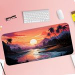 Desk pad with a tropical beach scene at sunset or sunrise, featuring vibrant colors, palm trees, and ocean reflections. Desk Pad with Keyboard and Mouse