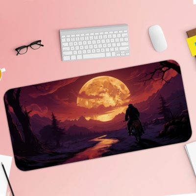 Infidu Desk Pad with a silhouette of a person on horseback by water, set against a sunset sky in deep purples, pinks, and oranges. Desk Pad with Keyboard and Mouse