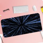 Infidu Minimalist Design Desk Pad features a blue and black background with abstract vector art, resembling speed lines or a starburst effect. Desk Pad with Keyboard and Mouse