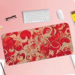 Infidu Artistic Patterns Desk Pad - Red Color with swirling vector doodle art. Desk Pad with Keyboard and Mouse