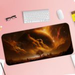 Infidu Space Desk Pad features a rocky planet with a dramatic sun against a swirling orange and yellow sky. Desk Pad with Keyboard and Mouse