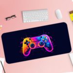 Gaming Desk Pad featuring a colorful controller in pink, blue, and yellow on a navy blue background, designed for a vibrant and unique gaming setup Desk Pad with Antique Video Game Design Desk Pad with Keyboard and Mouse