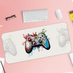 Gaming Desk Pad featuring a multi-colored controller on a mainly white background, designed for a unique and artistic look Desk Pad with Keyboard and Mouse