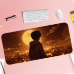 Desk pad featuring an anime-style silhouette of a person facing a glowing full moon with a nighttime cityscape background in warm colors. Desk Pad with Keyboard and Mouse