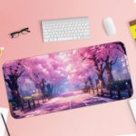 Desk mat featuring cherry blossom trees lining a peaceful pink and purple pathway. Desk Pad with Keyboard and Mouse