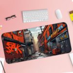 Desk pad showing a narrow street with colorful buildings and graffiti, creating a dynamic urban atmosphere. Desk Pad with Keyboard and Mouse