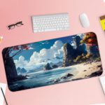 Desk pad showing a serene beach with blue water, towering rocks, white clouds, and trees with reddish leaves. Desk Pad with Keyboard and Mouse