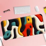 Infidu Artistic Patterns Desk Pad with abstract shapes in red, yellow, white, and teal for a modern artistic look. Desk Pad with Keyboard and Mouse