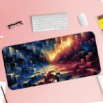 Desk pad with an abstract, colorful design featuring deep blues, warm oranges, and purple tones in geometric, pixelated patterns. Desk Pad with Keyboard and Mouse