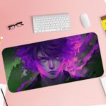 Desk pad featuring an anime boy with vibrant neon purple hair, smoky effects, and a mysterious green background. Desk Pad with Keyboard and Mouse