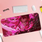 Desk pad featuring an anime character surrounded by vibrant pink and red tones with an abstract, energy-filled background. Desk Pad with Keyboard and Mouse